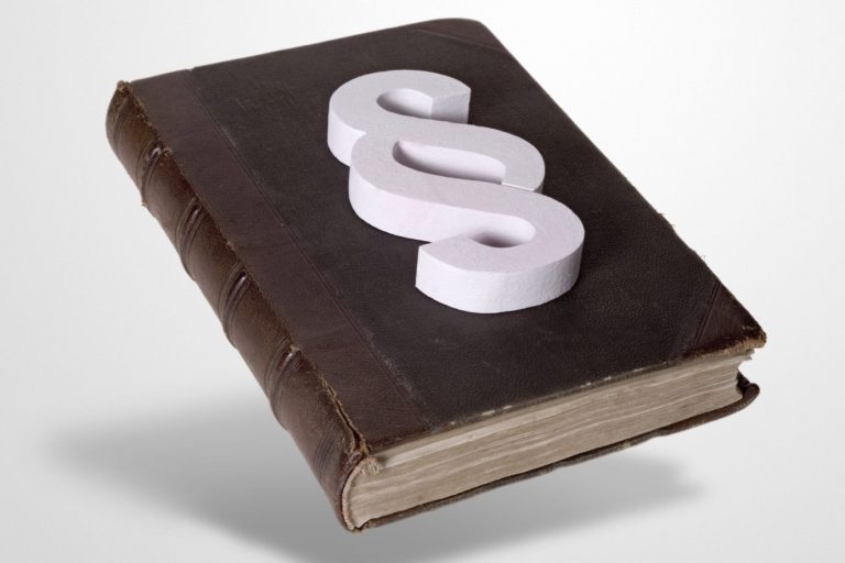 Buch in braunem Leder gebunden mit einem weißen Paragraphen-Symbol oben drauf