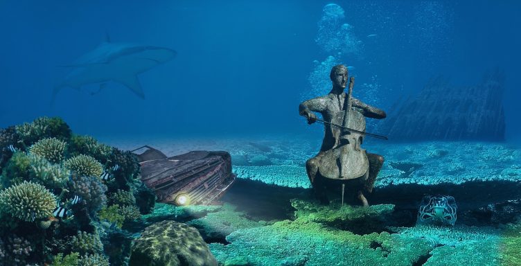 Skulptur Cellist am Meeresboden für eine Hochzeit unter Wasser-Heiraten unter Wasser?