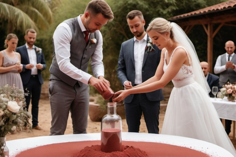 Ein Brautpaar führt das Sandritual vor seinen Gästen durch